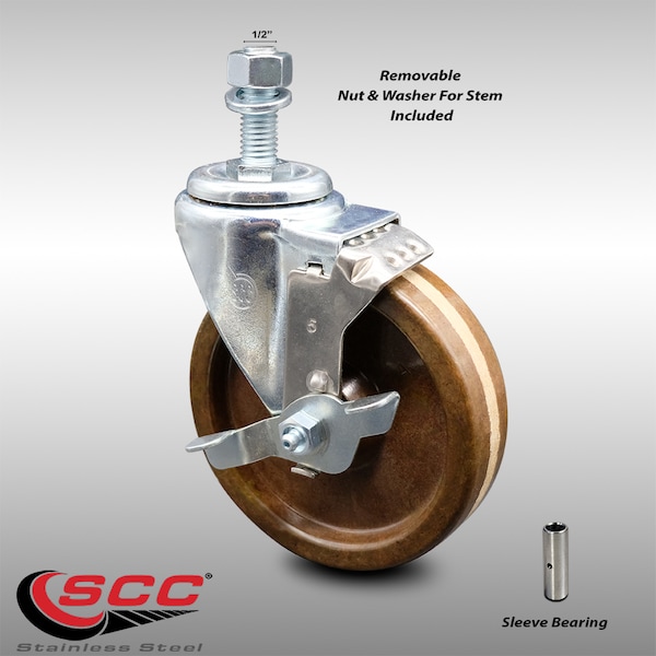 Service Caster 5 Inch SS High Temp Phenolic Wheel Swivel 1/2 Inch Threaded Stem Caster with Brake SCC-SSTS20S514-PHSHT-TLB-121315 - main